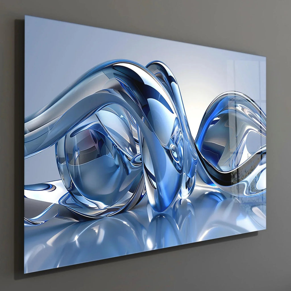 Blue Silver Lines Glass Wall Art - LUXARTDECO