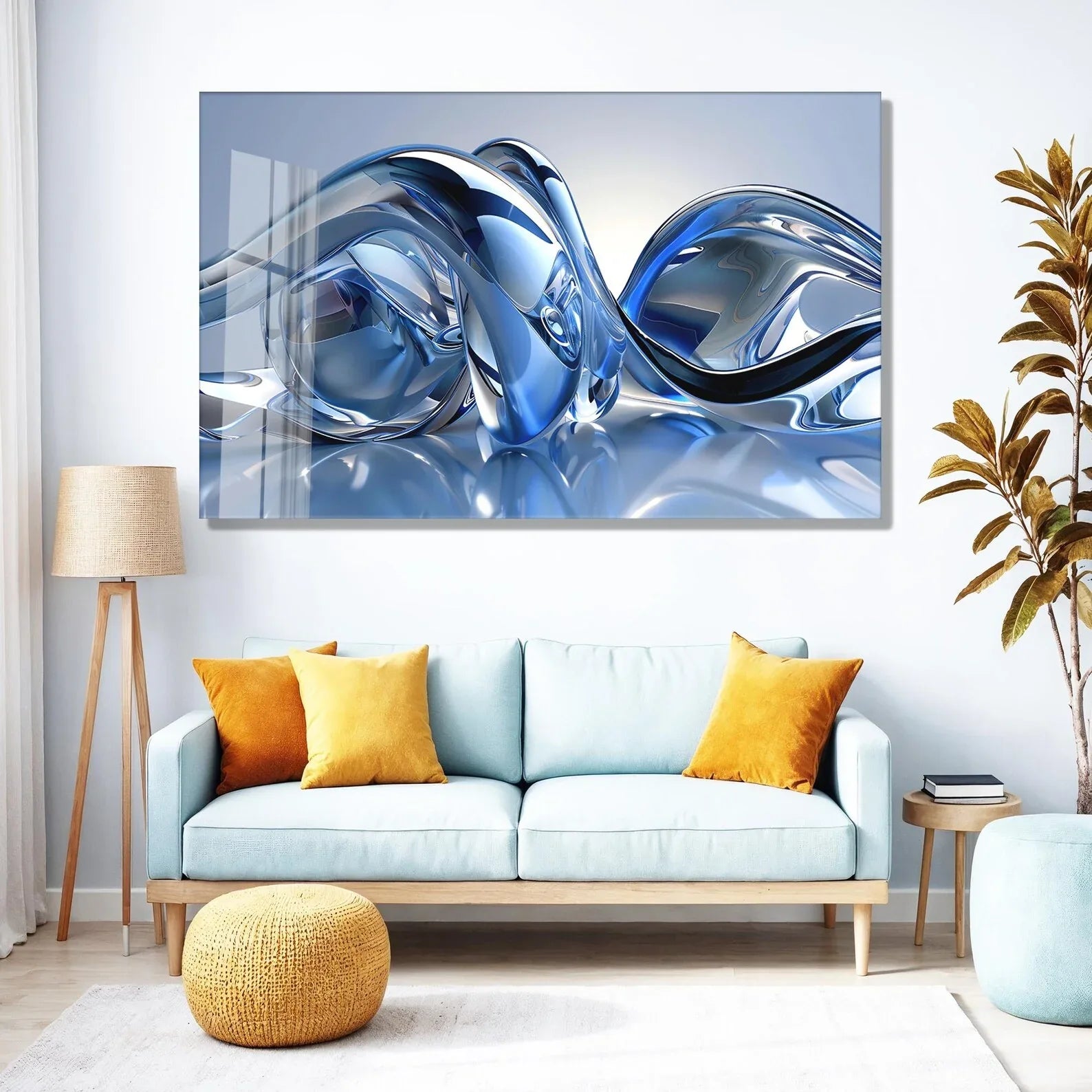 Blue Silver Lines Glass Wall Art - LUXARTDECO