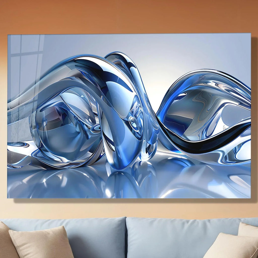 Blue Silver Lines Glass Wall Art - LUXARTDECO