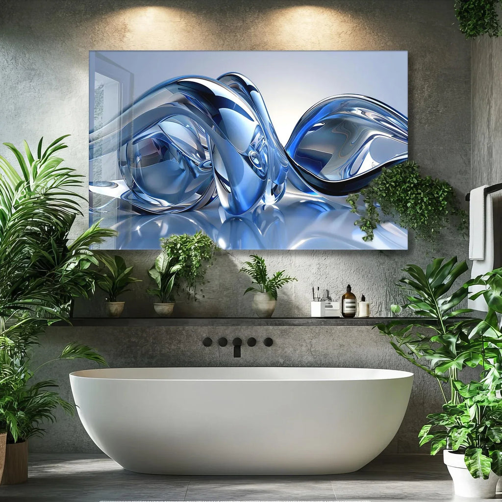Blue Silver Lines Glass Wall Art - LUXARTDECO