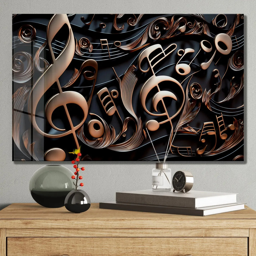 Golden Music Notes Glass Wall Art - LUXARTDECO