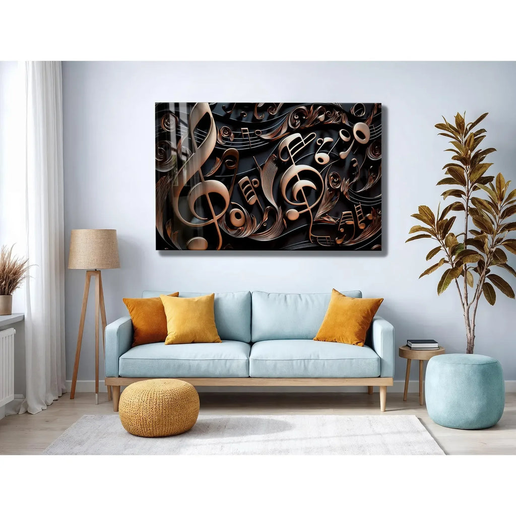 Golden Music Notes Glass Wall Art - LUXARTDECO