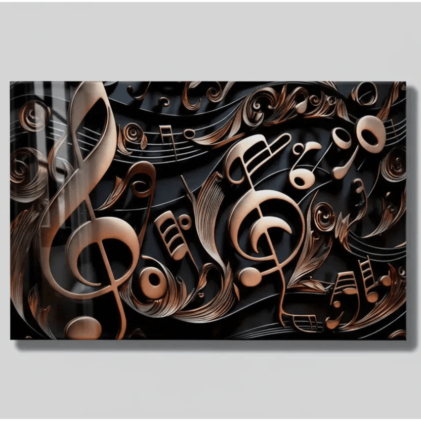 Notes de Musique Dorées Tableau en Verre Trempé