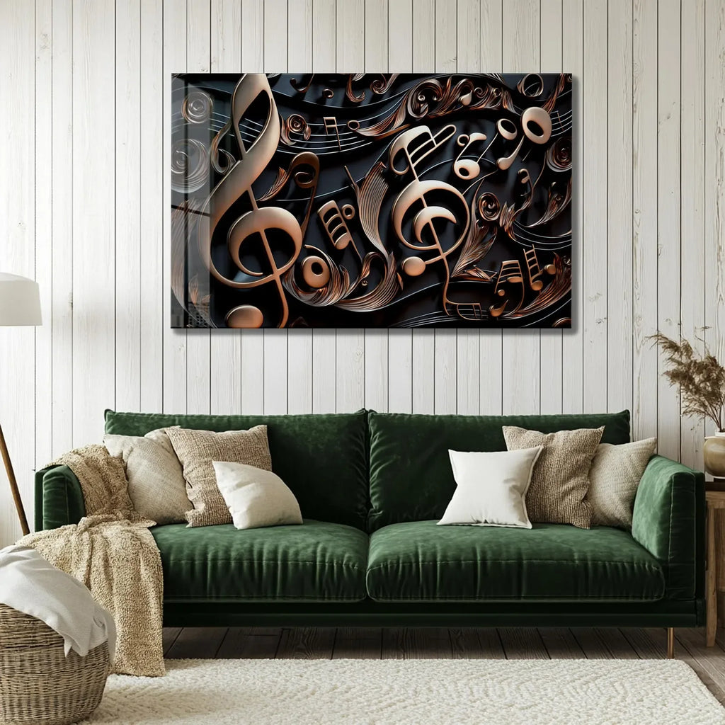 Golden Music Notes Glass Wall Art - LUXARTDECO