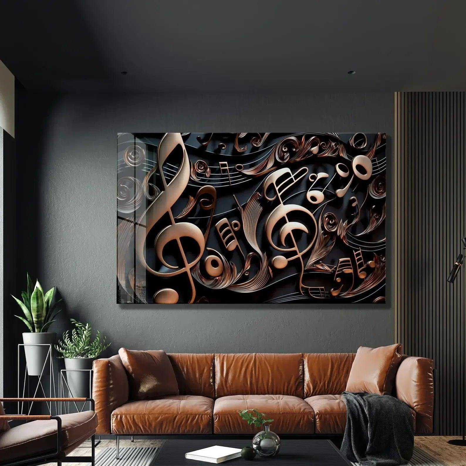 Golden Music Notes Glass Wall Art - LUXARTDECO