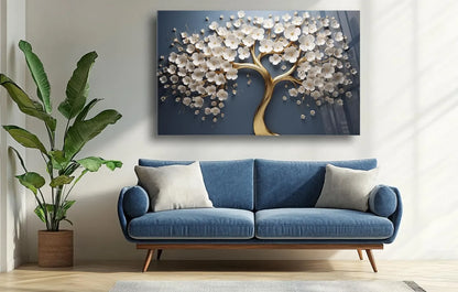 White Blossom Tree Glass Wall Art - LUXARTDECO