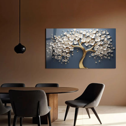 White Blossom Tree Glass Wall Art - LUXARTDECO