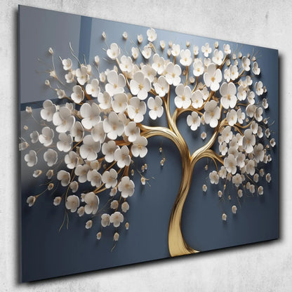 White Blossom Tree Glass Wall Art - LUXARTDECO