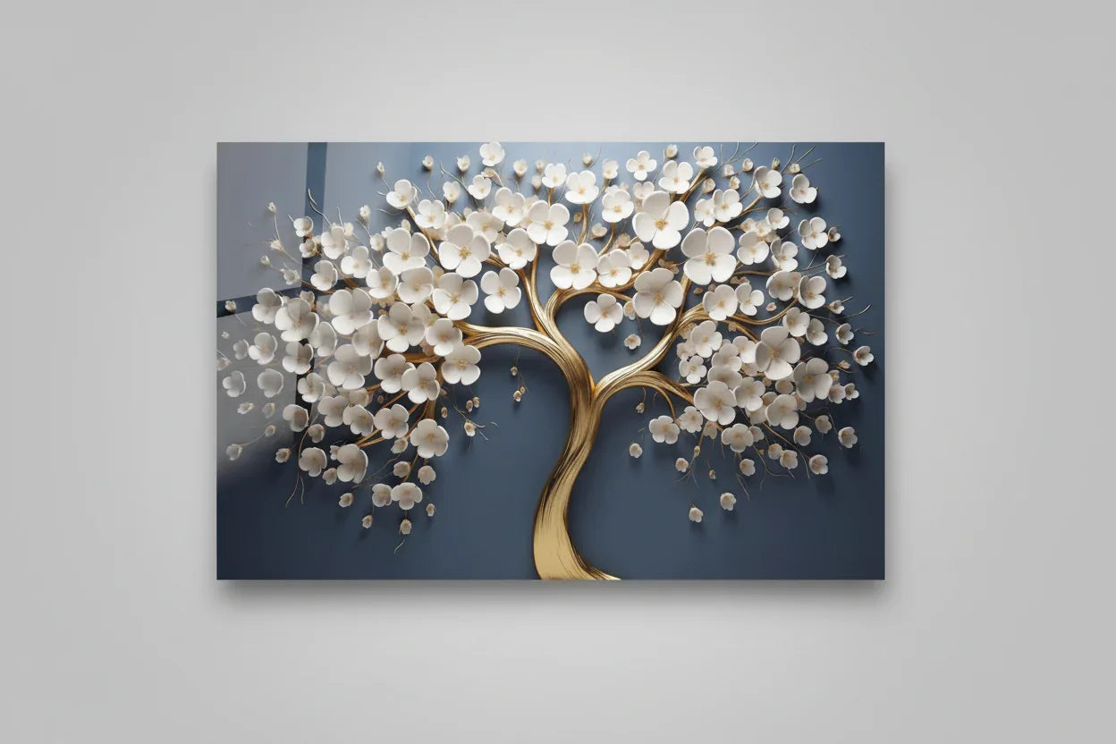 White Blossom Tree Glass Wall Art - LUXARTDECO