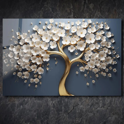 White Blossom Tree Glass Wall Art - LUXARTDECO