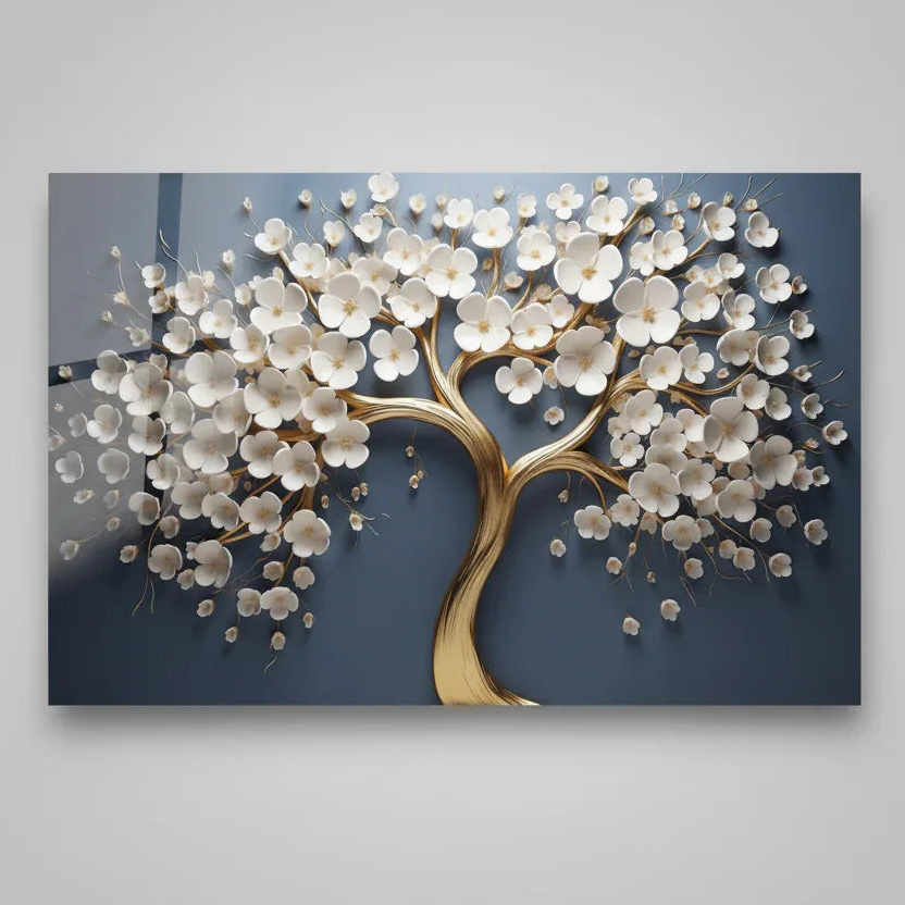 Blanc Blossom Arbre Tableau en Verre Trempé