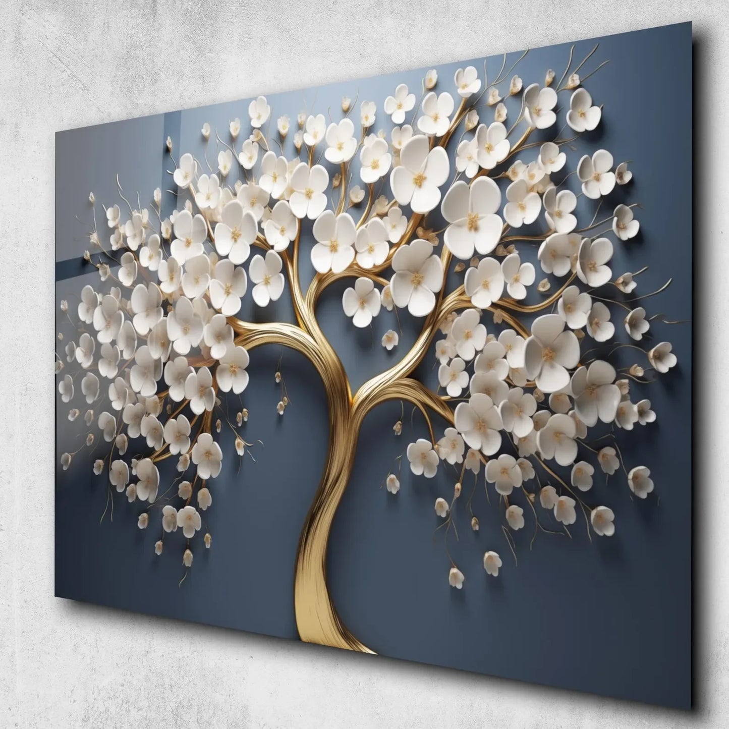 White Blossom Tree Glass Wall Art - LUXARTDECO