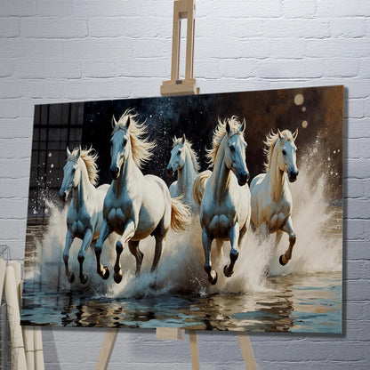 White Horses Glass Wall Art