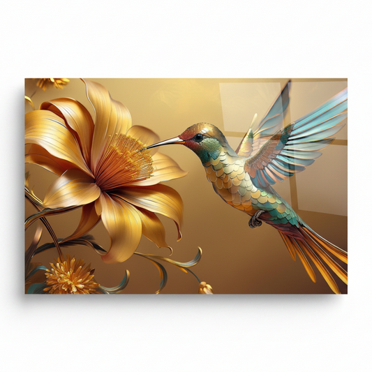 Colibri Doré Tableau en Verre Trempé