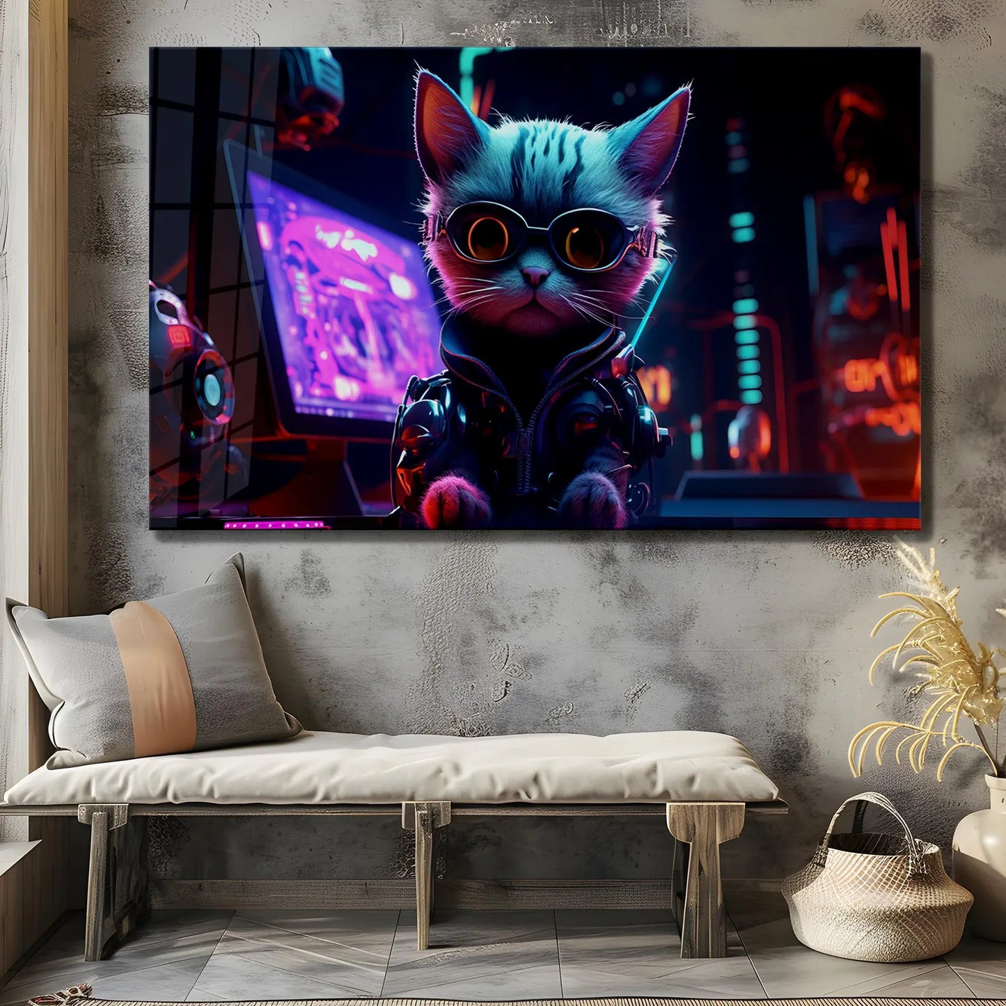 Cyber Gatto Quadro in Vetro Temperato