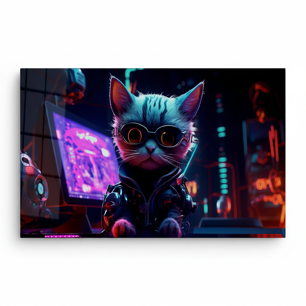 Cyber Gatto Quadro in Vetro Temperato