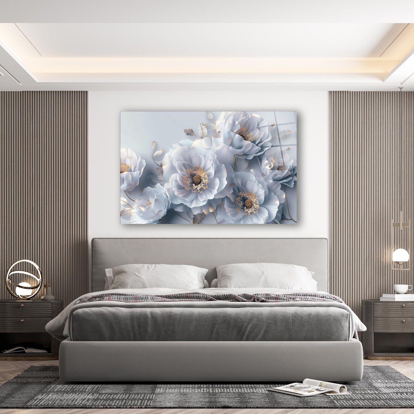 3D White Flowers Glass Wall Art
