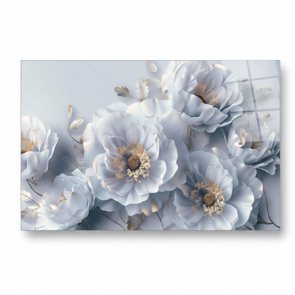 3D White Flowers Glass Wall Art