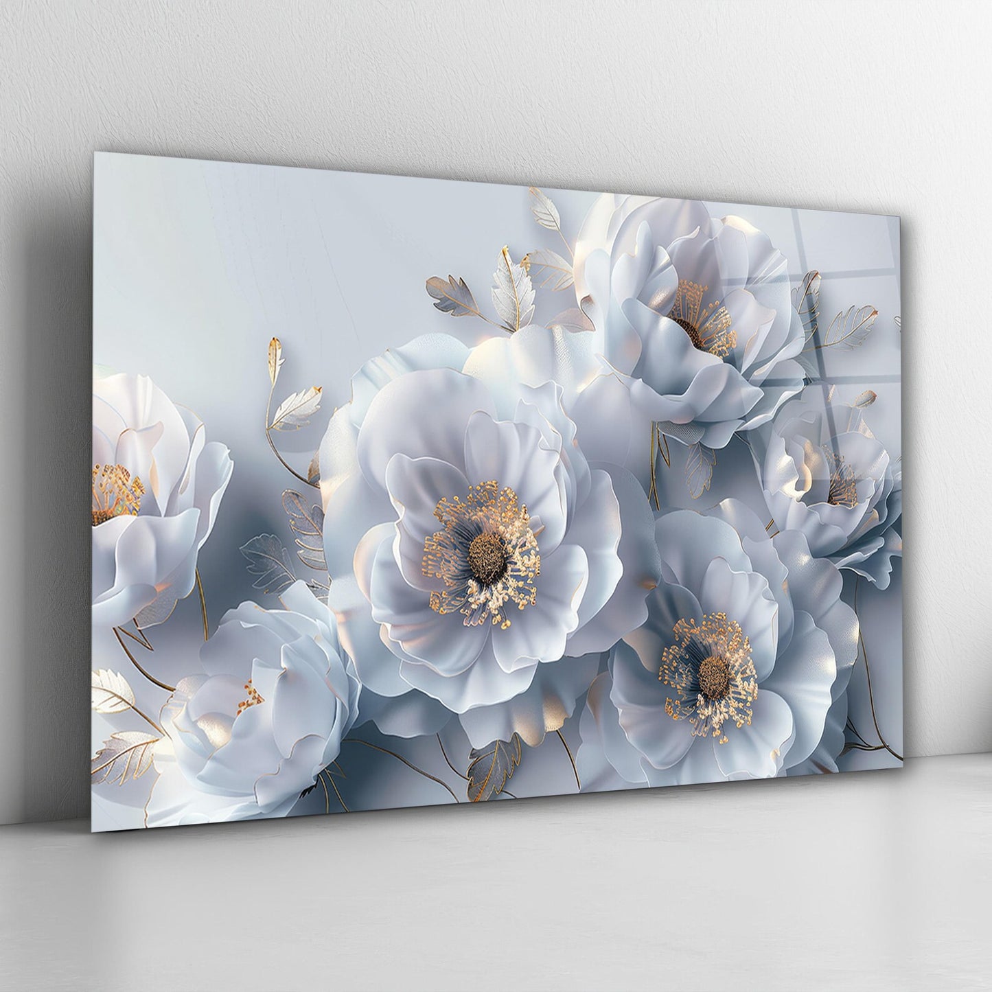 3D White Flowers Glass Wall Art