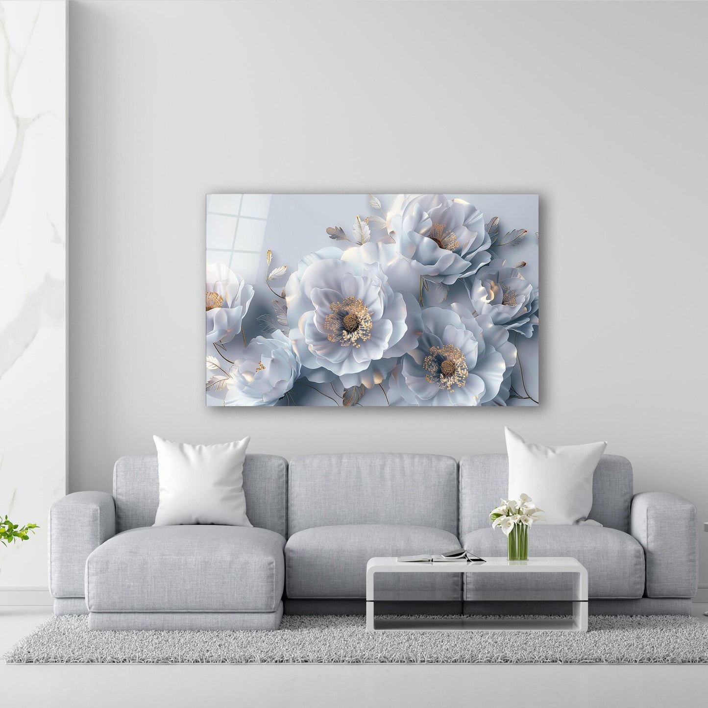 3D White Flowers Glass Wall Art