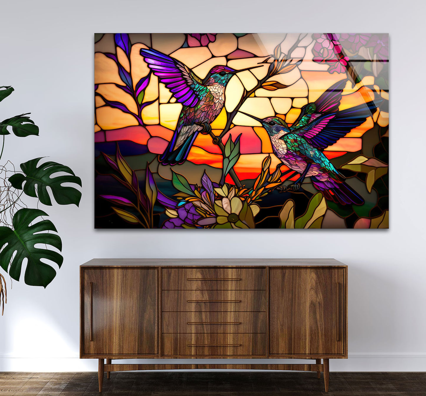 Multicolour Hummingbird Glass Wall Art