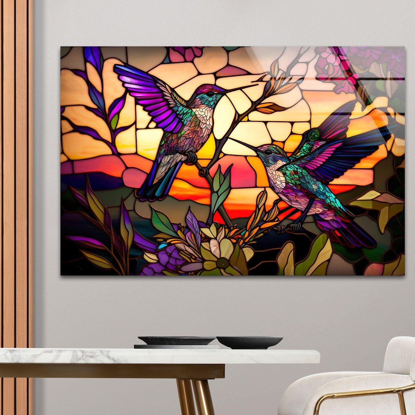 Multicolour Hummingbird Glass Wall Art