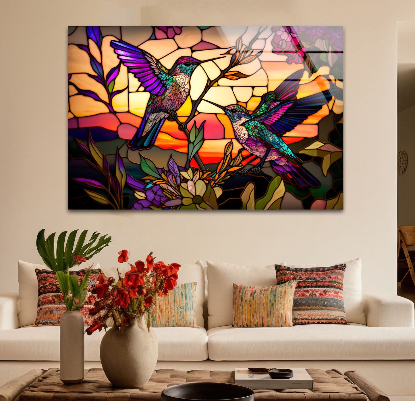 Multicolour Hummingbird Glass Wall Art