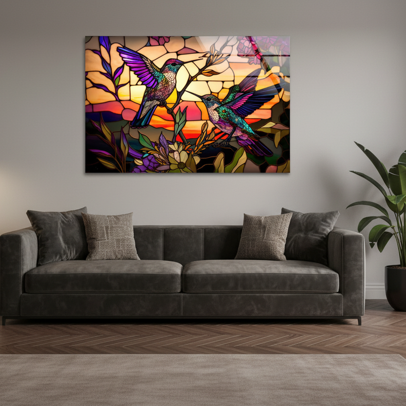 Multicolour Hummingbird Glass Wall Art