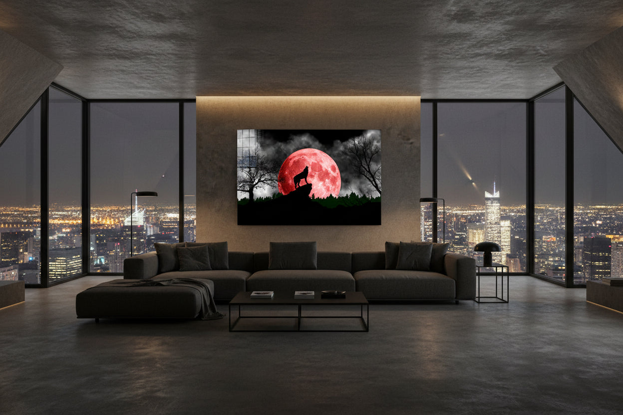 Wolf and Moon Glass Wall Art