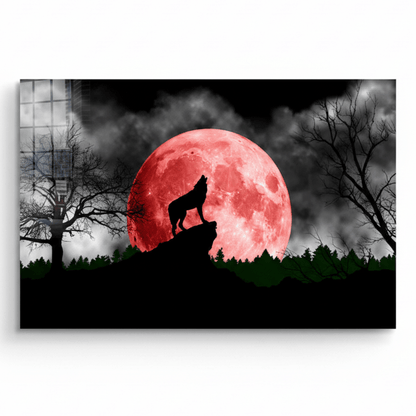 Wolf and Moon Glass Wall Art