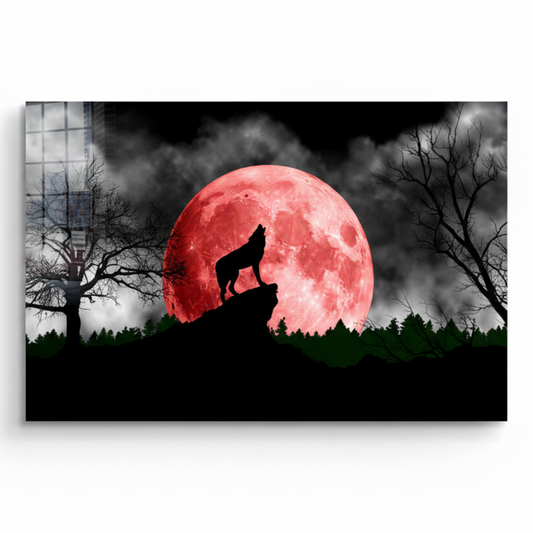 Wolf and Moon Glass Wall Art