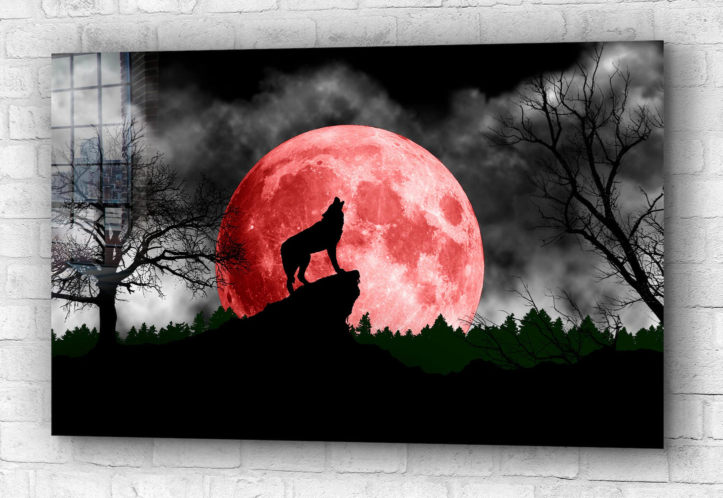 Wolf and Moon Glass Wall Art