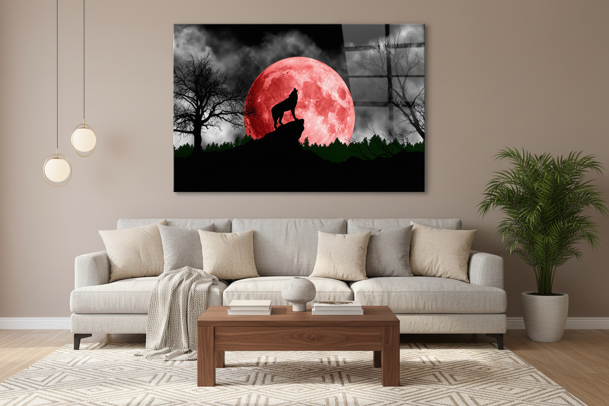 Wolf and Moon Glass Wall Art
