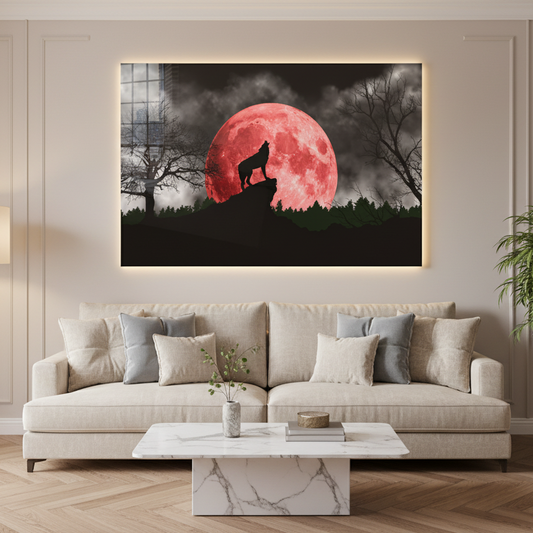 Wolf and Moon Glass Wall Art
