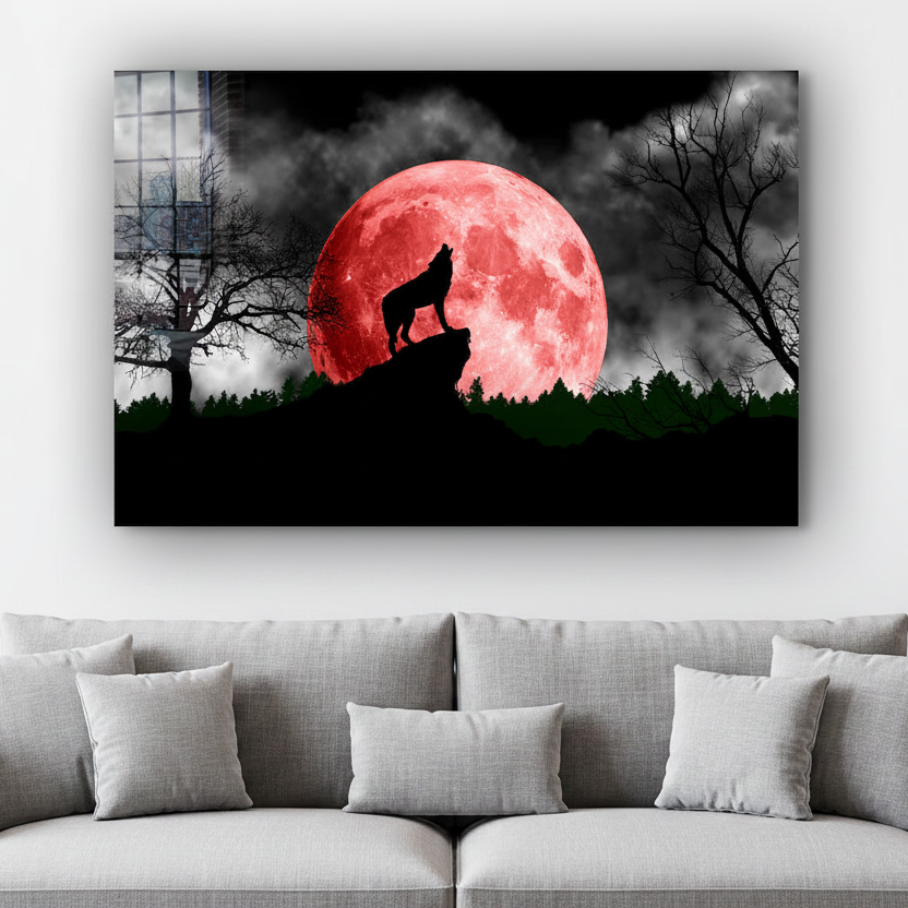 Wolf and Moon Glass Wall Art