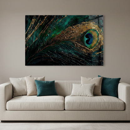 Plume de Paon Tableau en Verre Trempé
