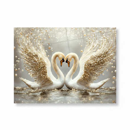Two Swans with Pearls Glass Wall Art