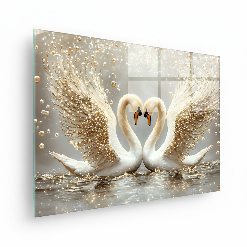Two Swans with Pearls Glass Wall Art