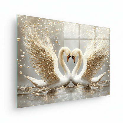 Two Swans with Pearls Glass Wall Art