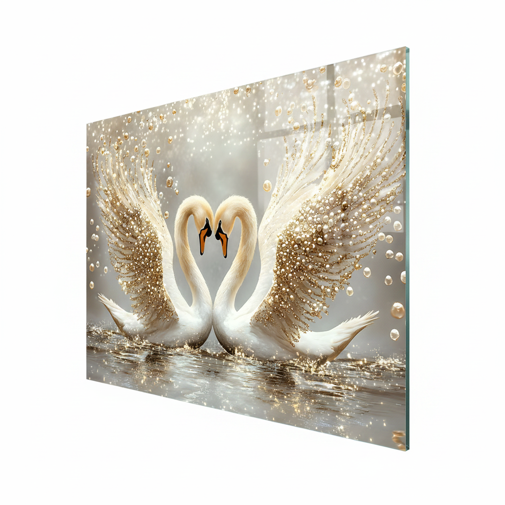 Two Swans with Pearls Glass Wall Art