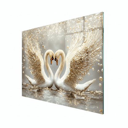 Two Swans with Pearls Glass Wall Art