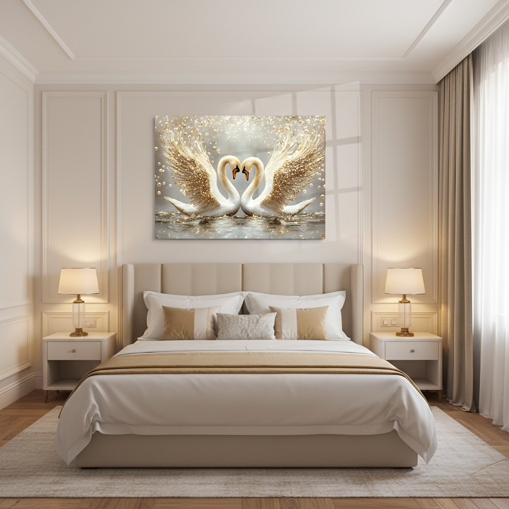 Two Swans with Pearls Glass Wall Art