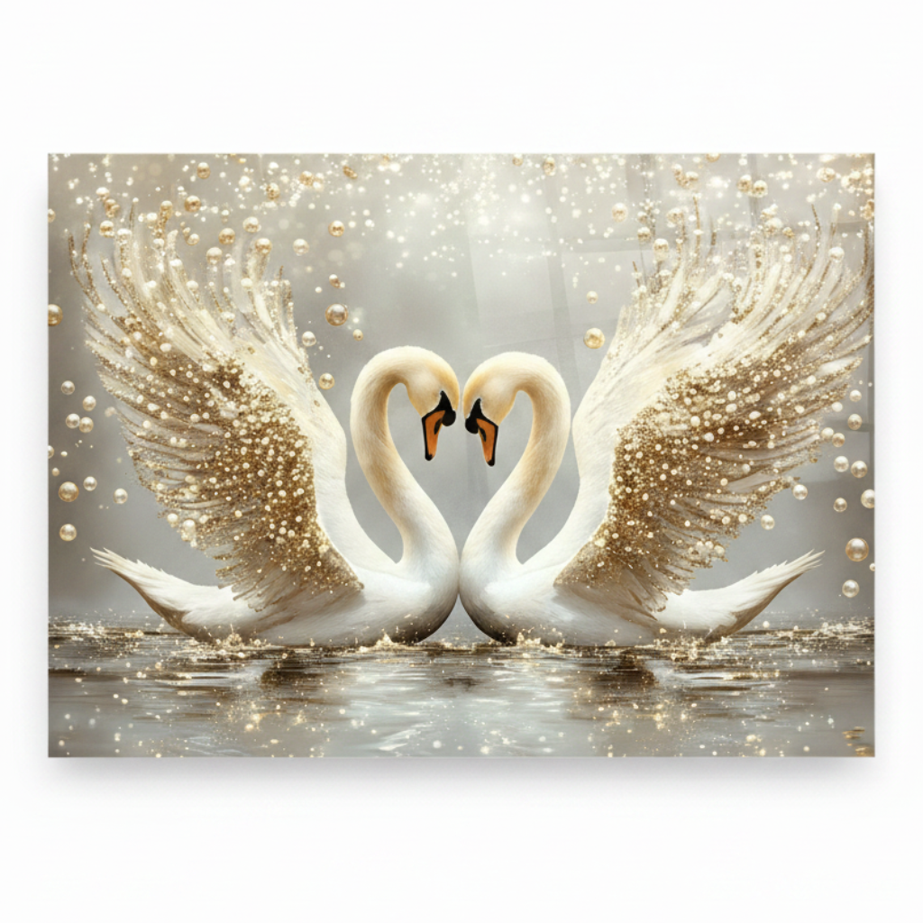 Two Swans with Pearls Glass Wall Art