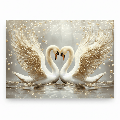 Two Swans with Pearls Glass Wall Art