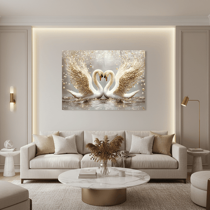 Two Swans with Pearls Glass Wall Art