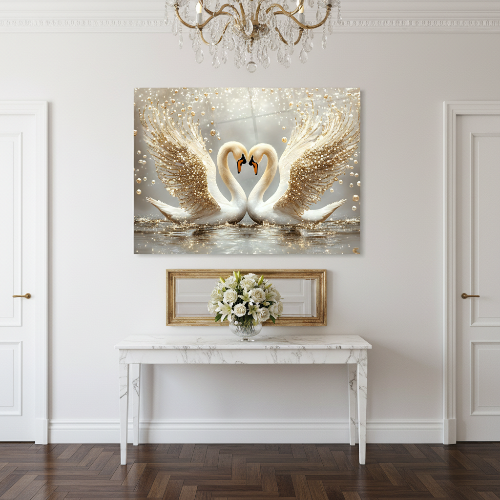 Two Swans with Pearls Glass Wall Art