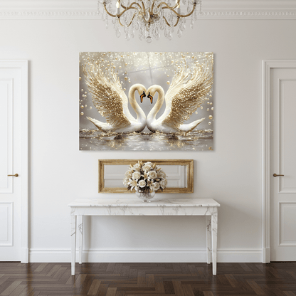 Two Swans with Pearls Glass Wall Art