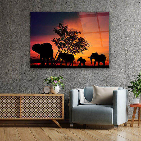Elephant Family Glass Wall Art