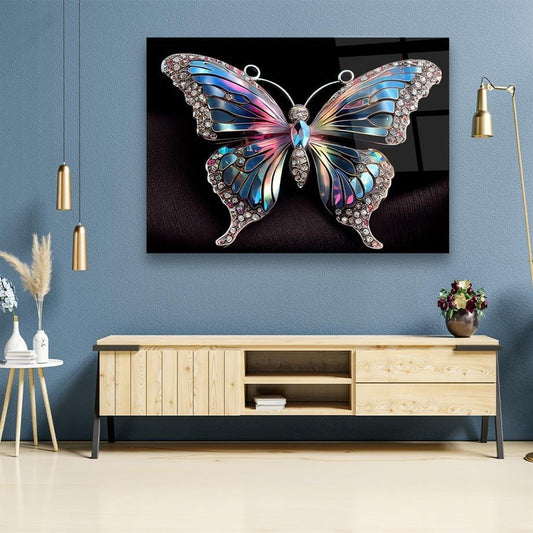 Papillon Orné de Bijoux Tableau en Verre Trempé