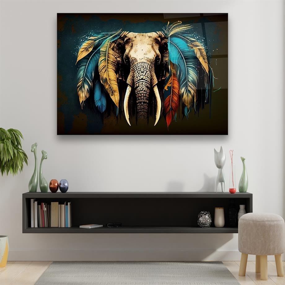 Feathered Elephant Glass Wall Art